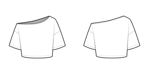 Asymmetrical T-shirt Asymmetrical Neckline Relax Fit T-shirt- Asymmetrical T-shirt- Front and Back View- Technical Illustration- Vector Cad Mock-up 