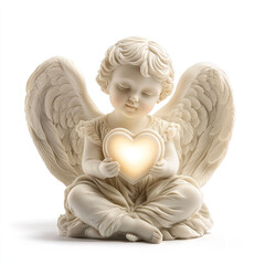 Fototapeta premium Cherub holding glowing heart with wings spread wide