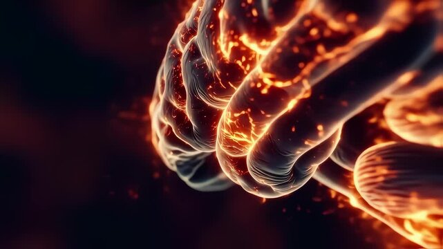 Glowing brain with sparking neurons and fiery energy pulses