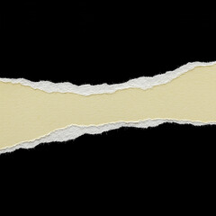 Torn pale yellow paper strip on black background, textured, ripped edge