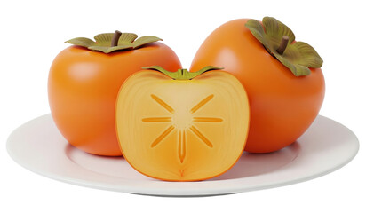 Fresh persimmons on plate with sliced view
