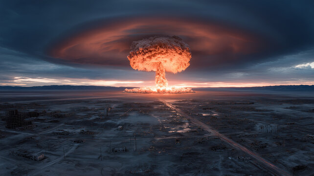 Massive Nuclear Mushroom Cloud Erupting from Barren Landscape, Intense Orange-Red Plasma Core Expanding Vertically Against Dark Turbulent Sky, Radial Energy Dispersing Across Monochromatic Horizon