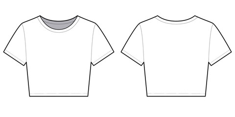 Crop T-shirt Slim Fit- Flat Vector Illustration-Front and Back View- Vector Cad Technical Illustration