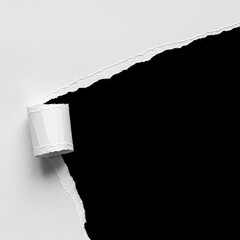 Torn white paper revealing black background; abstract texture, design element, copy space