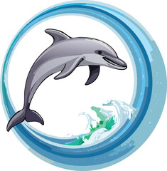 Obraz premium Vector Illustration of Dolphin Leaping Through Ocean Wave Ring