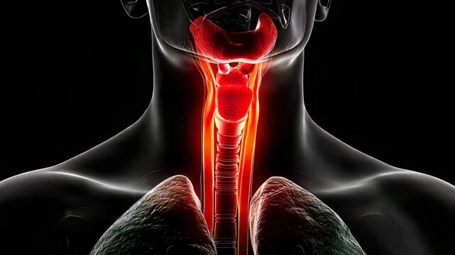 A digital illustration showing a highlighted human throat, focusing on the larynx and trachea with lungs partially visible.