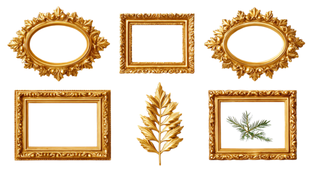 Collection of ornate golden frames, perfect for art displays and interior decor. Isolated on white background.