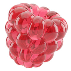 3D rendering of a glossy, stylized raspberry made from translucent red bubbles, isolated for design use.