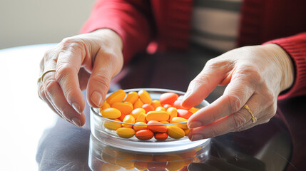 An elderly person"s hands are selecting colorful pills from a glass bowl on a reflective surface.