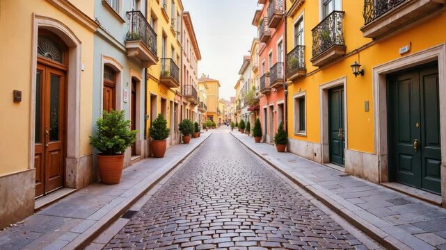 Charming cobblestone street with colorful buildings in town  