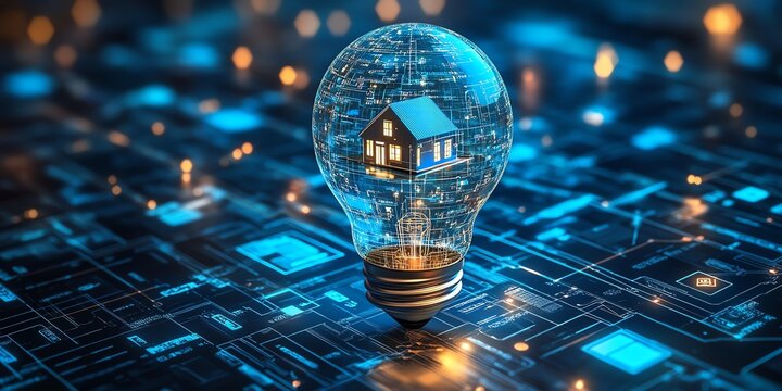Smart home concept.  Digital house in lightbulb.