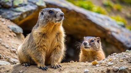 Marmot gopher near its underground burrow in rocky terrain