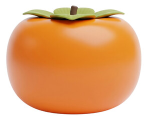3D Single fresh orange persimmon with smooth skin and green calyx, isolated on a white background for food and design use.