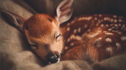 adorable sleeping baby deer tucked in bed in soft natural photography style