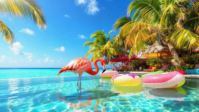 Flamingo Standing in Swimming Pool on Tropical Holiday Location