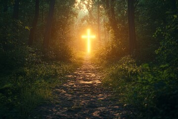 Obraz premium Dirt path leads through a tranquil forest towards a brightly glowing cross at sunset, symbolizing spiritual guidance, hope, and the path to enlightenment