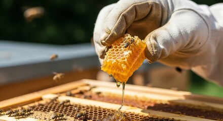 Beekeeper Harvesting Golden Honeycomb with Dripping Honey in Wooden Hive Frame