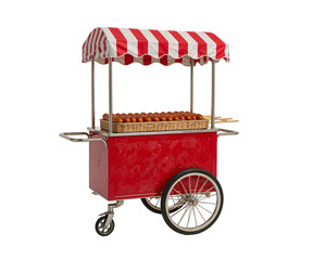 Isolated Grilled Sausage Skewer Cart with Wicker Basket and Serving Tray Ready for Street Food Vending in a Charming Red and White Design