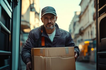 Delivery worker carrying cardboard box exiting from delivery van on a city street