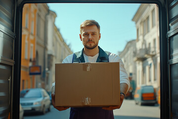 Courier holding cardboard box delivering package from cargo van in the city