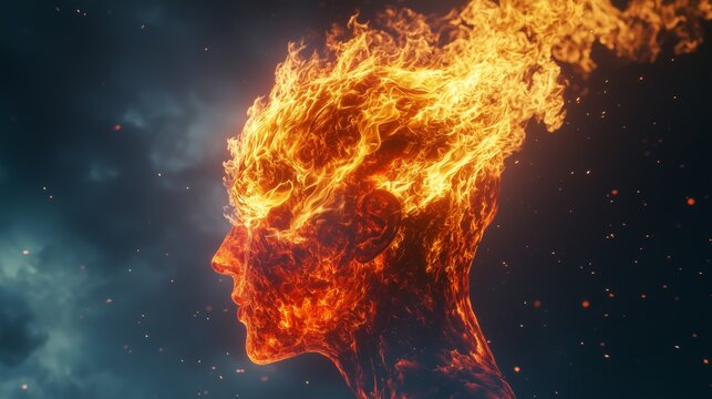 Fiery Humanoid Silhouette Head Profile Against Gloomy Dreamy Backdrop with Sparkles and Heat Effects