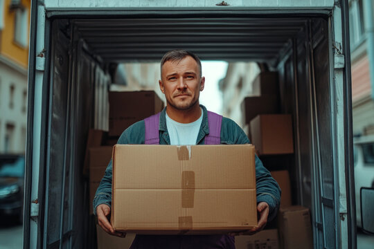 Delivery man unloading cardboard boxes from a truck on a city street - Powered by Adobe