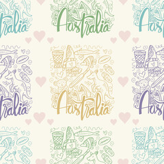 Seamless pattern with Australia-themed illustration with Iconic symbols and hand-drawn elements