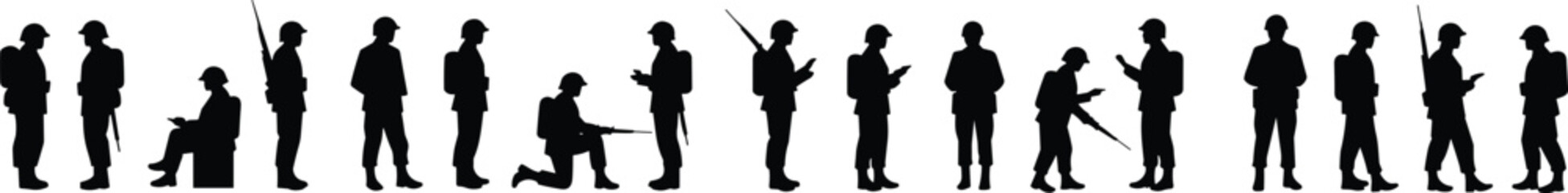 Silhouette of soldiers with guns in various poses, military army team vector, armed forces illustration for defense and warfare concepts