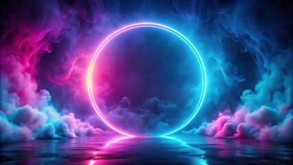 Mysterious glowing neon circle portal in a cloud of pink and blue smoke