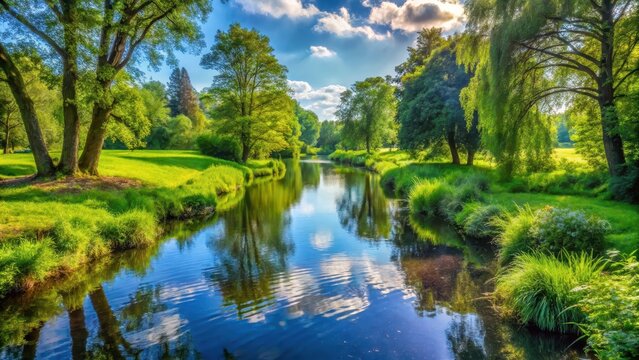Tranquil watercourse surrounded by vibrant greenery and serene surroundings