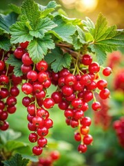 Lush red currant bush with ripe berries in summer