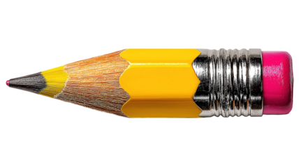 A classic yellow pencil with a pink eraser, isolated on a pure white background. A universal symbol of writing, drawing, ideas, and education, suitable for a wide variety of school and office themes.