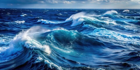 Fototapeta premium Wavy dark blue sea surface with white foam and spray