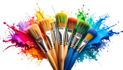 Obraz premium Paint Brushes with Colorful Splashes on a Clean White Background