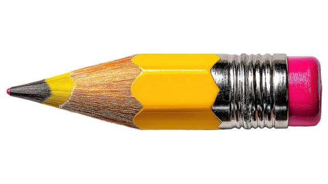 A classic yellow pencil with a pink eraser, isolated on a pure white background. A universal symbol of writing, drawing, ideas, and education, suitable for a wide variety of school and office themes.