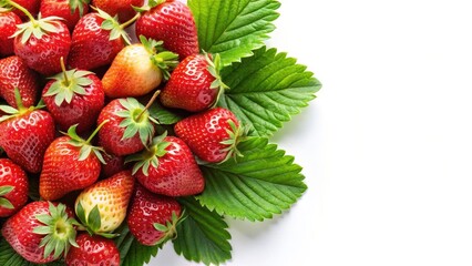 Fresh organic strawberries with green leaves and stems on a white background