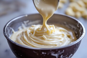 Creamy filling being poured into a bowl, adding a touch of sweetness to dessert preparation