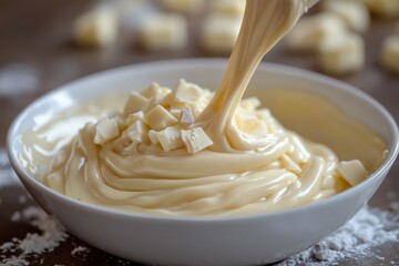 Melted white chocolate being poured into a bowl with white chocolate chunks