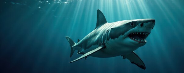 Obraz premium Great white shark's aggressive posture, jaws open, hunting in ocean depths, ocean, predator, wildlife