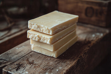 Creamy white chocolate bars stacked on a wooden table, creating a tempting display for confectionery lovers