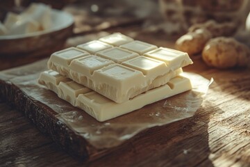 Two white chocolate bars are placed on baking paper over a wooden board, creating a sweet and rustic scene