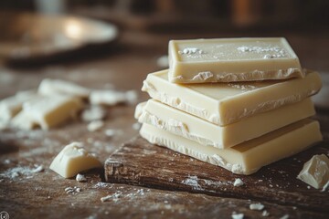 Creamy white chocolate chunks stacked on a rustic wooden board, creating a tempting indulgence