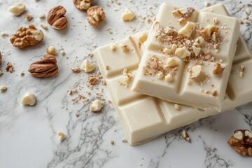 White chocolate bars garnished with walnut crumbles, creating a sweet and decadent treat