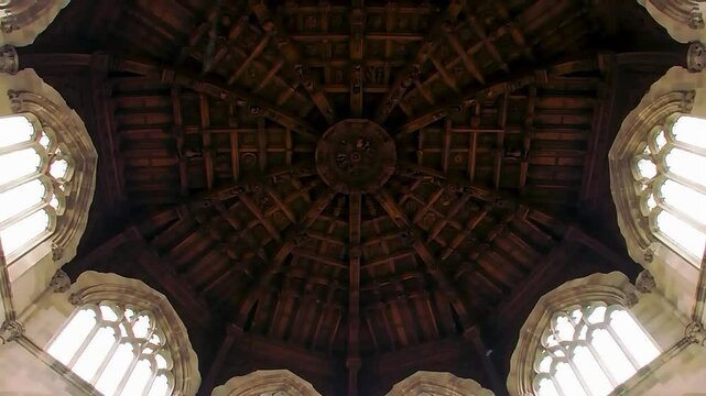 the ceiling of an ancient ballroom