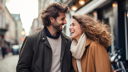 Naklejka premium A joyful couple laughs together while walking outdoors in a lively urban setting during daytime.