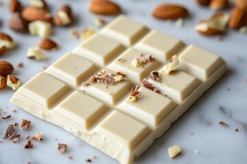 Delicious white chocolate bar sprinkled with chopped almonds, creating a tempting treat for confectionery lovers