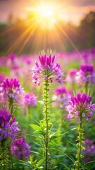 Fototapeta premium Vibrant purple flowers of spider flower blooming in a field