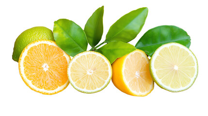 Fresh citrus fruits including orange, lemon, and lime with green leaves, isolated on a white background.