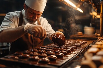 Professional confectioner covering delicious cakes with hot chocolate using special kitchen tongs