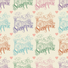 Seamless pattern with cute hand drawn doodle Singapore landmark and icon. Vector illustration.